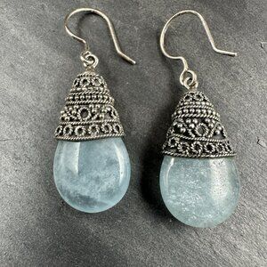 Sterling Silver Blue Stone Teardrop Earrings Bali Style Dangle Boho